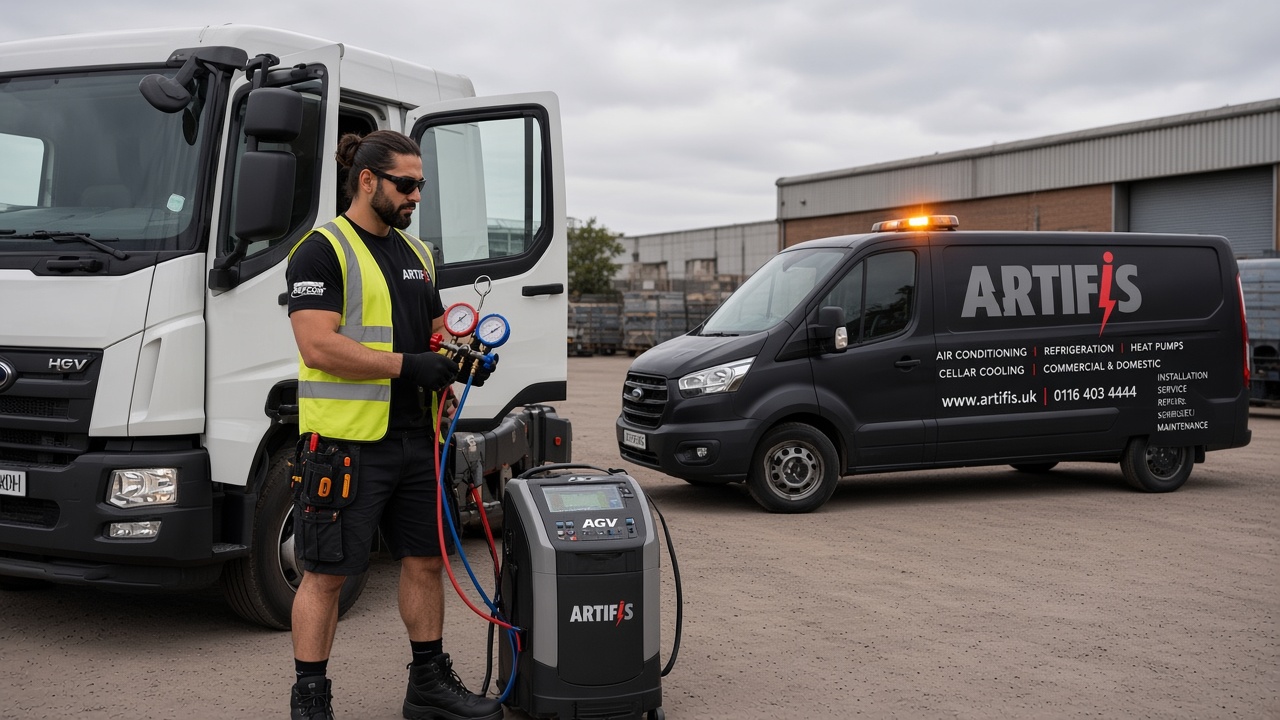 HGV cab air conditioning re-gas: Artifis engineer recharging a truck cab air con on site