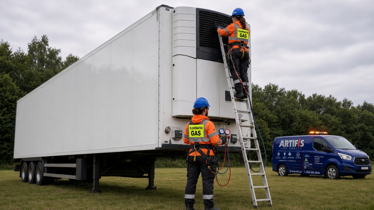 Transport refrigeration unit installation: Artifis engineers fitting a nose-mount unit to a trailer on site