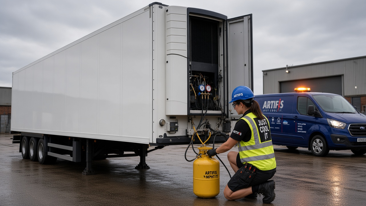 Refrigerant retro-fit: Artifis engineer recovering refrigerant from a reefer trailer unit under F-Gas