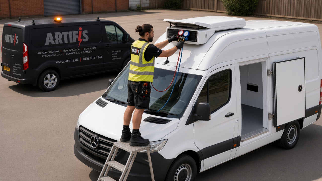Fridge van repair: Artifis engineer on a Mercedes Sprinter roof-mounted refrigeration unit, Artifis van behind